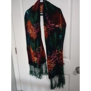 Silk Rayon Floral Sequin Scarf with Fringe | Long Boho Wrap | 68 x 19.5